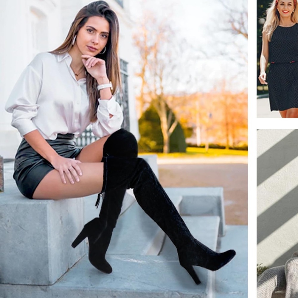 Vepose Black Suede Over-the-Knee Chunky Heels Women's Boots - Picture 6 of 13